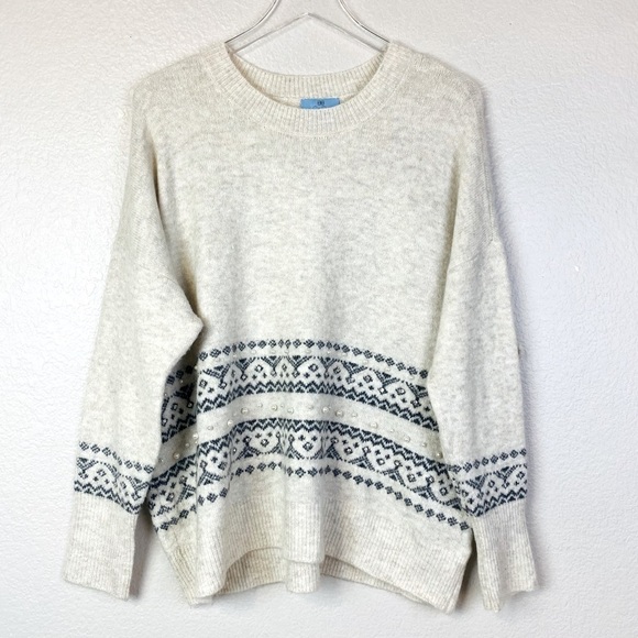 CeCe Fair Isle Crew Neck Pearl/Rhinestone Detail Sweater Size M - Picture 2 of 7